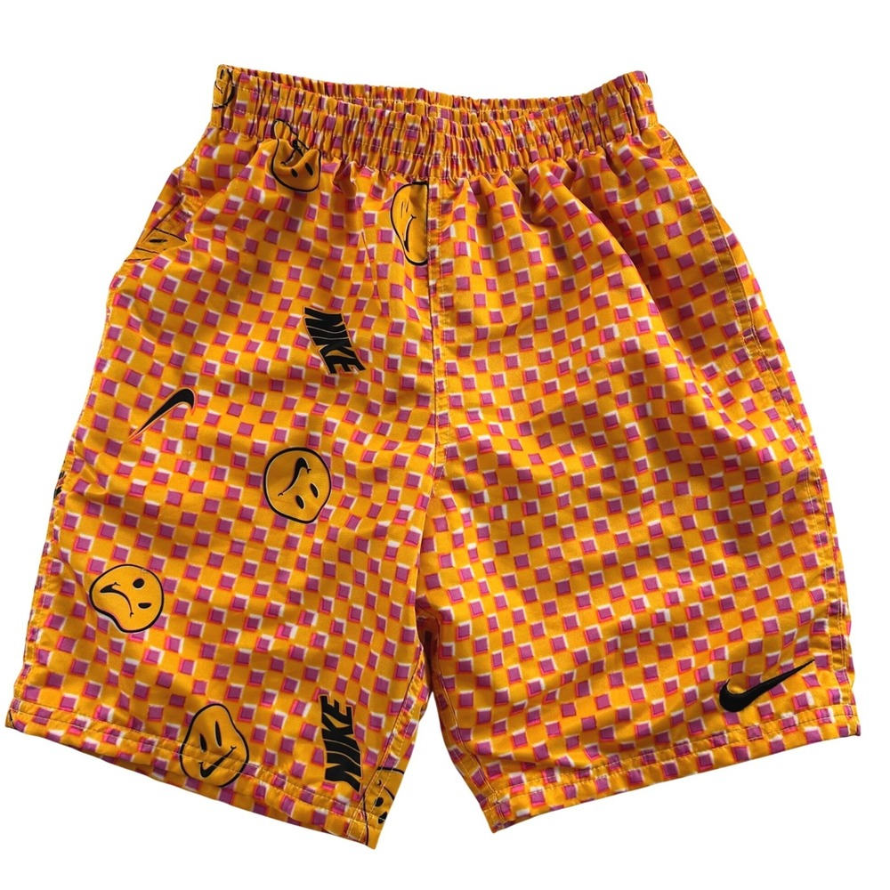 Nike Kids Large Orange Pink Checkered Smiley Face Swim Hyrbid Trunks Shorts Flaw
